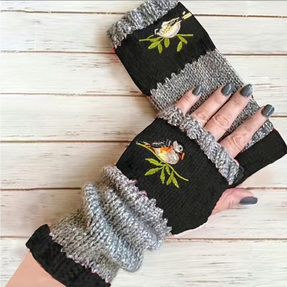 Fingerless Gloves Thumb Holes Black &  Gray Grey Embroidered Birds Mittens NEW